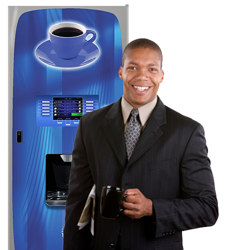 Employee drinking coffee from a coffee vending machine